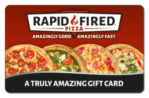 rapid fired logo, four different types of pizza over a red background